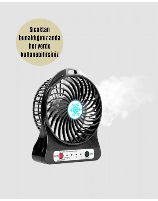 Şarjlı USB Fan – Masaüstü Mini Vantilatör, Taşınabilir, Işıklı, 3 Kademeli, Sessiz