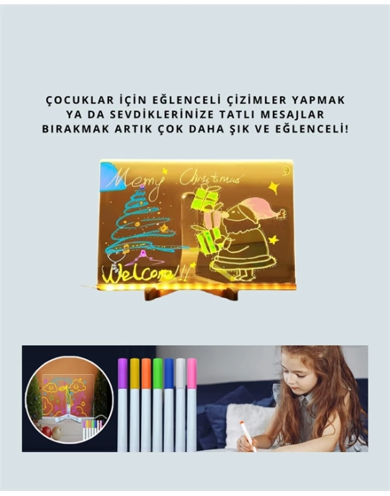 Şık ve Modern LED Pano – Neon Işıklı Silinebilir Akrilik Yazı Tahtası, 7 Renkli Kalem Dahil