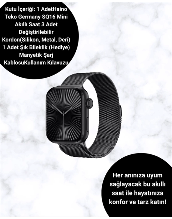 SQ-16 Mini Series 10 Akıllı Saat | Şık ve Hafif Tasarım, 3 Kordon Seçeneği