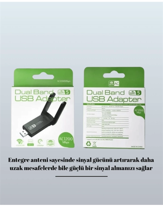 Tak-Çalıştır Özellikli Çift Bant WiFi Adaptör – 1200 Mbps