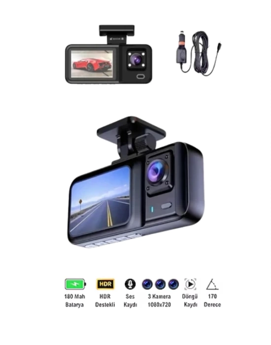 Tam Kapsamlı Araç Güvenliği: 3 Kameralı Full HD Kayıt Sistemi ile Ön, İç ve Arka Görüş