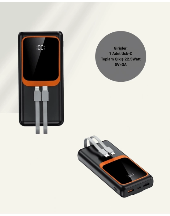 Taşınabilir Şarj Cihazı 20000 mAh | 22.5W Hızlı Şarj + Dijital Ekran + Kablo Dahil