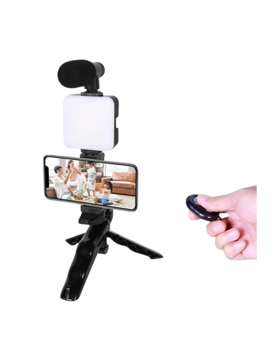 Telefon Tutucu Led Işıklı Kumandalı Mikrofon Telefon Vlog Video Kayıt