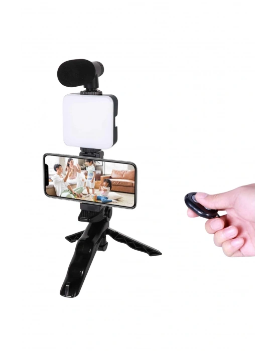 Telefon Tutucu Led Işıklı Kumandalı Mikrofon Telefon Vlog Video Kayıt