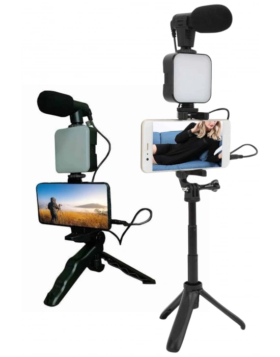 Telefon Tutucu Led Işıklı Kumandalı Mikrofon Telefon Vlog Video Kayıt