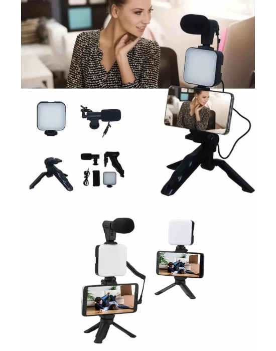 Telefon Tutucu Mikrofonlu Işıklı Youtuber Video Kayıt
