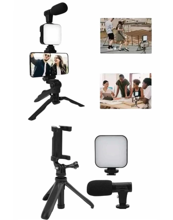Telefon Tutucu Mini Mikrofonlu Tripod Vlog Çekim Video