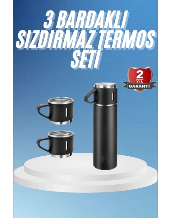Termos Paslanmaz Çelik Termos Siyah Renk 3 Bardaklı Termos Seti