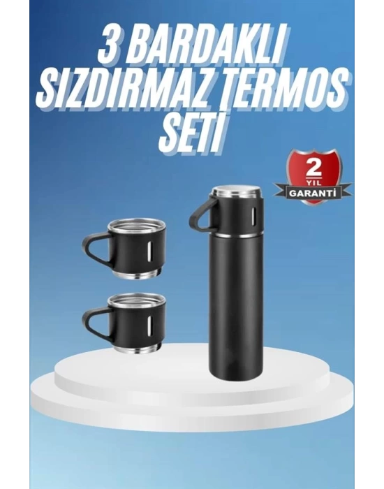 Termos Paslanmaz Çelik Termos Siyah Renk 3 Bardaklı Termos Seti