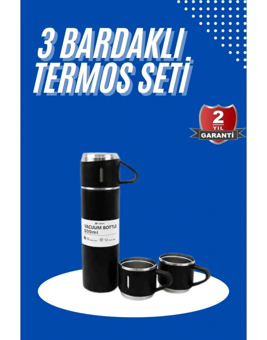 Termos Seti 3lü Bardak Seti Isı Dayanıklı Siyah Paslanmaz Çelik Vakumlu