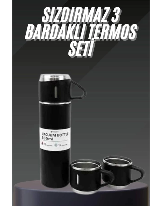 Termos Seti Paslanmaz Çelik 3 Bardaklı Vakumlu Termos Set 500 Ml 12 Saate Kadar Isı Koruma