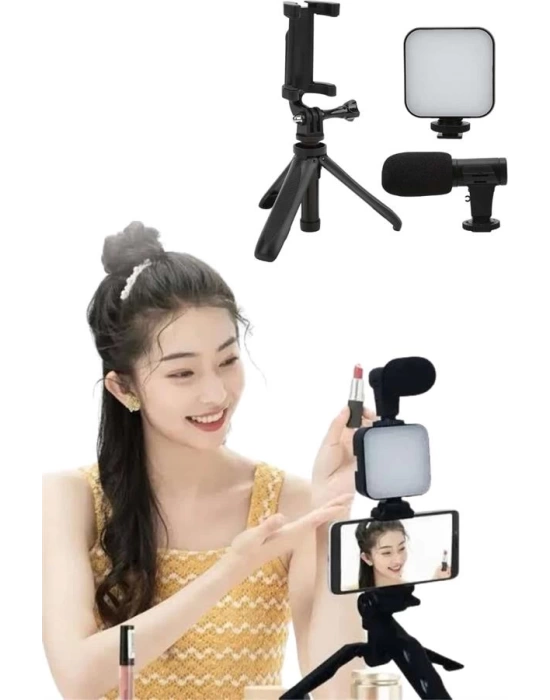 Tripod Telefon Tutucu Kumandalı Mikrofon Led Işık Vlog Video Kayıt