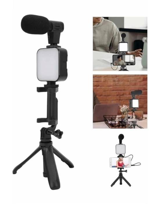 Tripod Telefon Tutucu Kumandalı Mikrofon Led Işık Vlog Video Kayıt