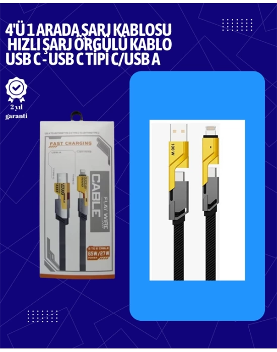USB-C ve Lightning Uyumlu 4ü 1 Arada Kablo – 65W Hızlı Şarj, Örgülü Dayanıklı Yapı