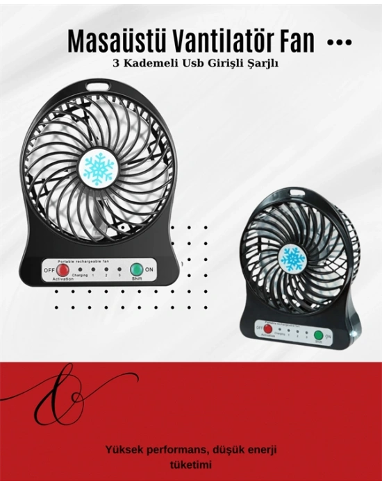 USB Girişli Taşınabilir Masaüstü Mini Fan – 3 Kademeli Hız, Şarjlı, Işıklı, Sessiz Çalışma