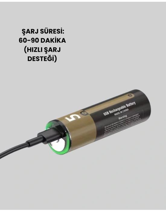 USB Type-C ile Hızlı Şarj Edilebilen AA Lityum Pil
