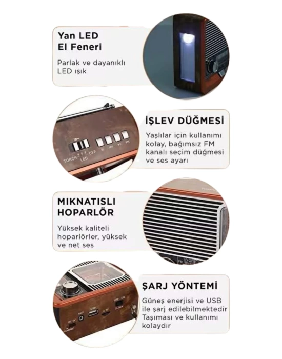 Vintage Nostaljik Radyo AUX USB SD Kart Girişli Şarjlı Bluetooth Bağlantılı
