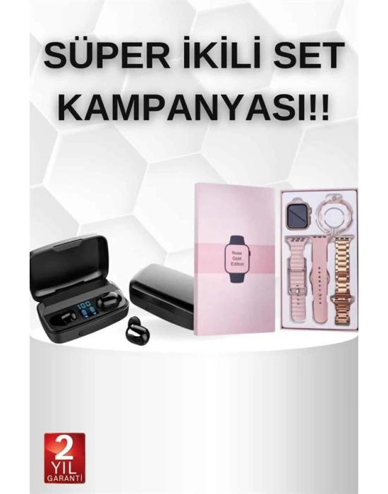 Wireless Şarjlı Pembe Akıllı Saat ve Kablosuz Bluetooth Kulaklık Dokunmatik Kontrol