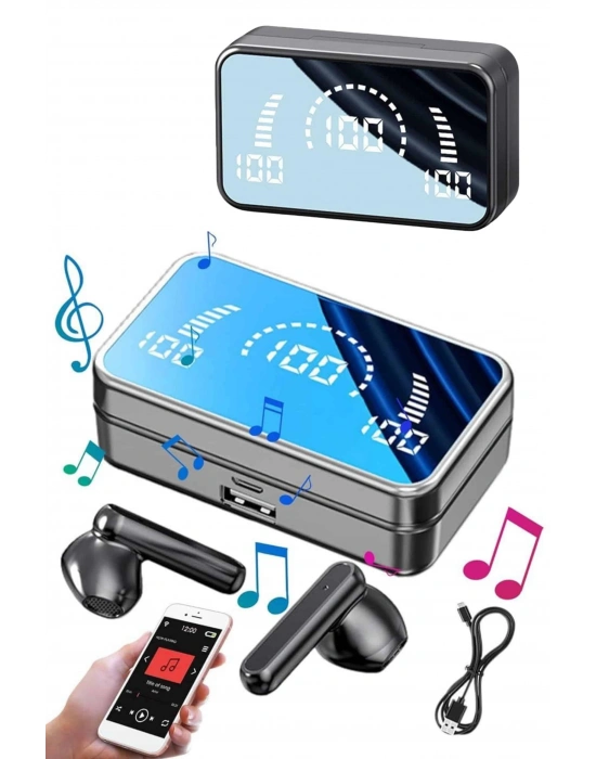 Yeni Nesil Kablosuz Kulaklık Aynalı Powerbank Özellikli Bluetooth Bağlantılı Dijital Göstergeli