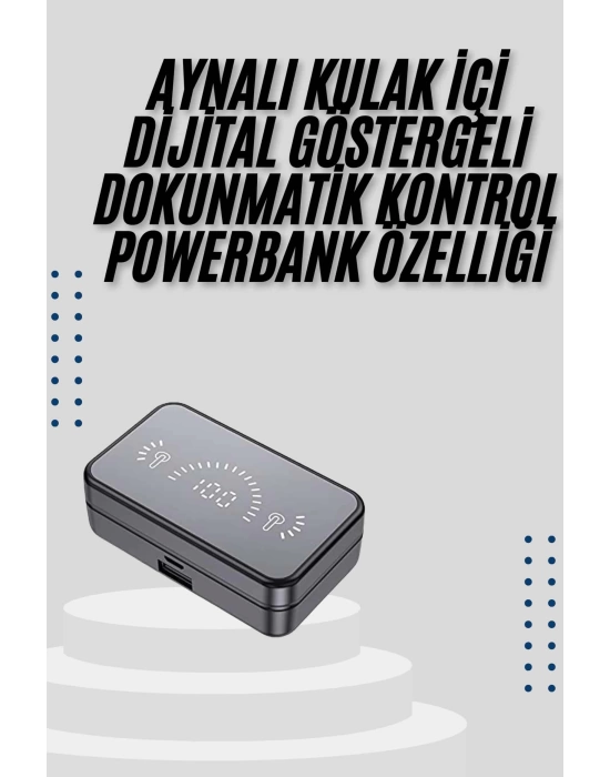 Yeni Nesil Kablosuz Kulaklık Aynalı Powerbank Özellikli Bluetooth Bağlantılı Dijital Göstergeli