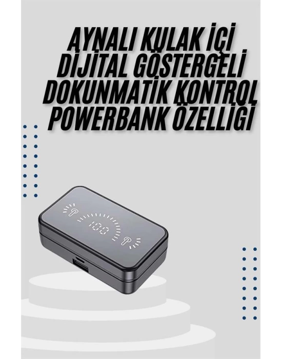 Yeni Nesil Kablosuz Kulaklık Aynalı Powerbank Özellikli Bluetooth Bağlantılı Dijital Göstergeli