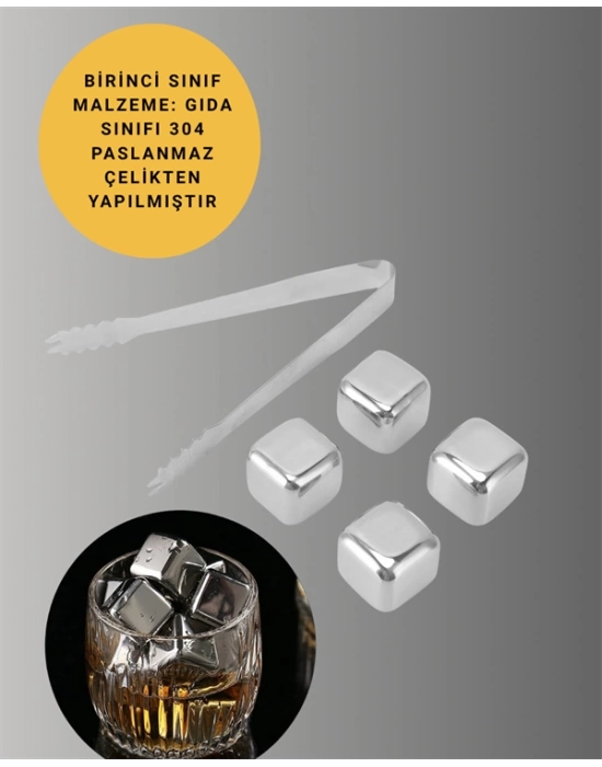 Yeniden Kullanılabilir 304 Çelik Metal Buz Küpleri 4lü Set