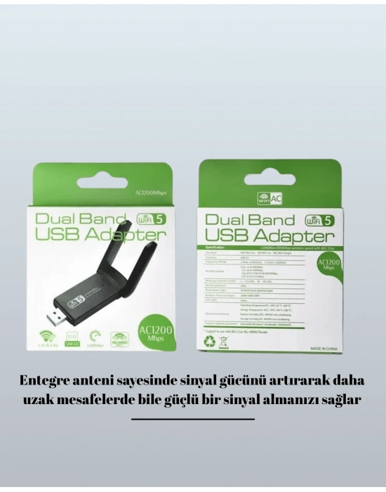 Yüksek Hızlı 1200 Mbps Çift Bant USB WiFi Adaptör – Güçlü Sinyal, Geniş Uyumluluk
