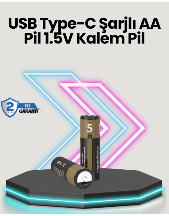 Yüksek Performanslı AA USB Şarjlı Lityum Pil | 1.5V Sabit Güç | 2’li Paket