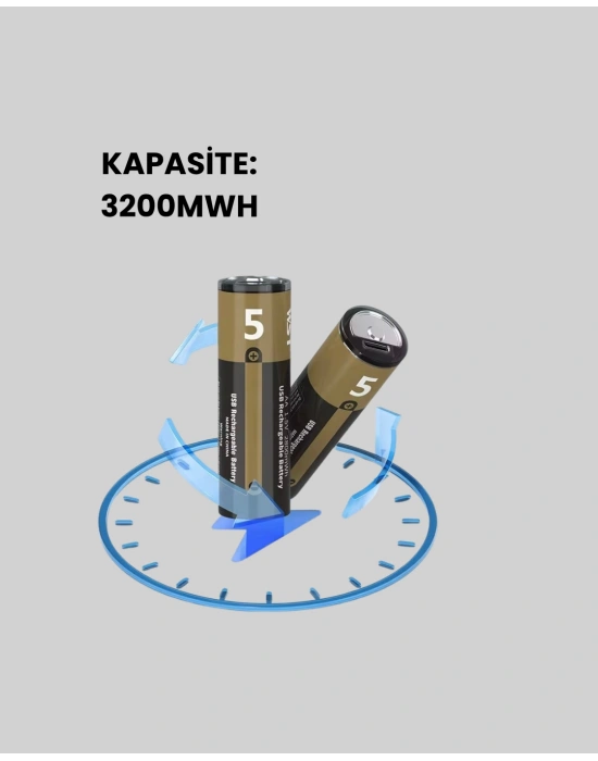 Yüksek Performanslı AA USB Şarjlı Lityum Pil | 1.5V Sabit Güç | 2’li Paket