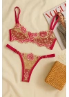 Fuşya Çiçek İşlemeli Transparan Bralet ve Tanga Takım