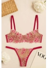 Fuşya Çiçek İşlemeli Transparan Bralet ve Tanga Takım