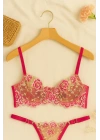 Fuşya Çiçek İşlemeli Transparan Bralet ve Tanga Takım