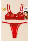 Kırmızı Kalp Desenli Transparan Tül Bralet Tanga Takım