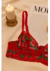 Kırmızı Kalp Desenli Transparan Tül Bralet Tanga Takım