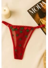 Kırmızı Kalp Desenli Transparan Tül Bralet Tanga Takım