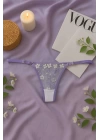 Lila Çiçek İşlemeli Transparan Dantel Sütyen & String Takım