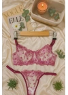 Pembe Çiçek İşlemeli Transparan Dantel Bralet & Tanga Takım