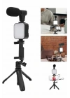 Tripod Telefon Tutucu Kumandalı Mikrofon Led Işık Vlog Video Kayıt
