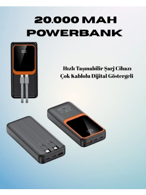 20000 mAh Powerbank | Çok Kablolu, Dijital Göstergeli, Yüksek Hızlı Şarj Cihazı