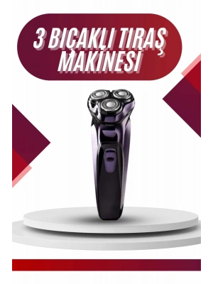3 Bıçaklı Döner Başlıklı Sakal Sıfır Alma Tıraş Makinesi Profesyonel Paslanmaz Çelik