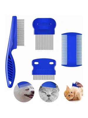 4lü Bit Pire Tarağı Set Kedi Köpek Evcil Hayvan Tüy Toplayıcı Mavi