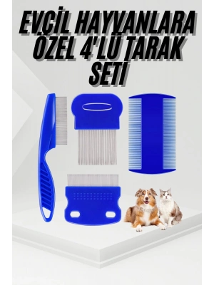 4lü Bit Pire Tarağı Set Kedi Köpek Evcil Hayvan Tüy Toplayıcı Mavi
