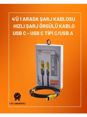 4ü 1 Arada USB Hızlı Şarj ve Veri Kablosu – 65W Güç, Çoklu Bağlantı, 1.2m
