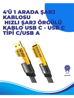 65W 4ü 1 Arada Çoklu Şarj Kablosu – USB-C, USB-A, Lightning, Veri ve Şarj Desteği