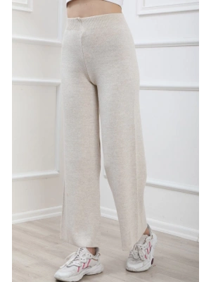 Bol Paça Beli Lastikli Triko Pantolon -taş