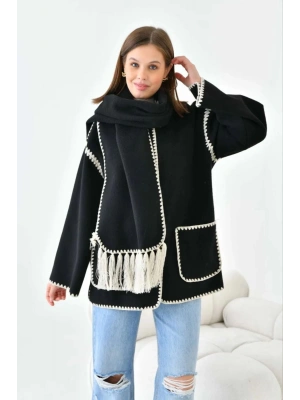 Nakış Detaylı Atkılı Yumuşak Triko Hırka Ceket Siyah