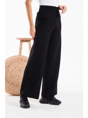 Kadın Siyah Yüksek Bel Rahat Kesim Triko Pantolon