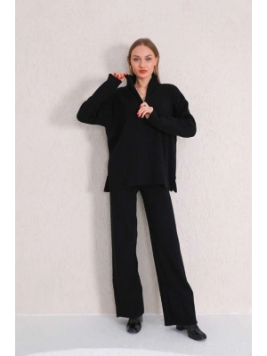 Kadın Fitilli Yaka Fermuarlı Paçası Yırtmaçlı Yanlardan Fermuarlı Triko Takım