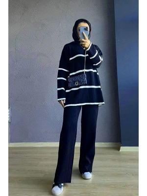 Iki Renkli Mevsimlik Kalın Dokuma Kumaş Triko Takım Lacivert