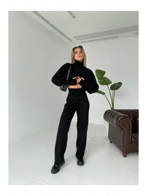 Parmak Geçmeli Yüksek Bel Triko Siyah Takım